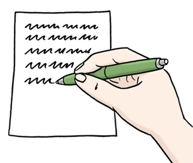 Dargestellt wird eine Illustration einer Hand, die einen Stift hält und etwas auf einen Zettel schreibt.