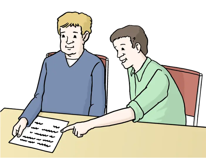 Illustration von zwei männlich gelesenen Personen, die gemeinsam auf ein Dokument schauen.