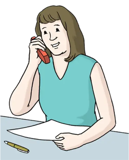 Die Illustration stellt eine Frau dar, die telefoniert und einen Zettel und Stift vor sich liegen hat.