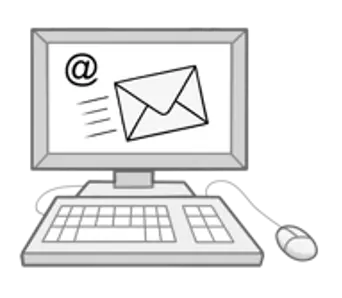 Das Bild zeigt eine Illustration eines Computers mit einer Tastatur und einer Maus. Auf dem Display ist eine Briefumschlag und ein "at"-Zeichen dargestellt.