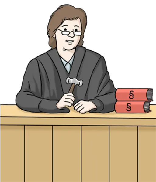 Die Illustration zeigt eine Richterin oder einen Richter mit einem Hammer in der Hand und Gesetzbüchern neben sich.