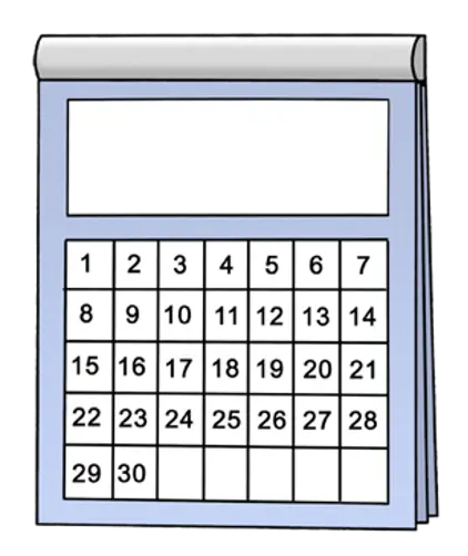 Die Illustration zeigt einen Kalender mit den Tagen vom 1. bis zum 30.