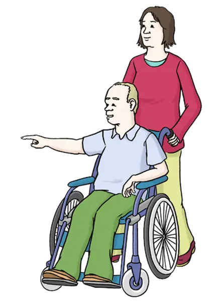 Zu sehen ist eine Illustration, die zwei Personen zeigt. Die eine Person sitz im Rollstuhl und zeigt mit dem Finger auf etwas und die andere Person schiebt den Rollstuhl.